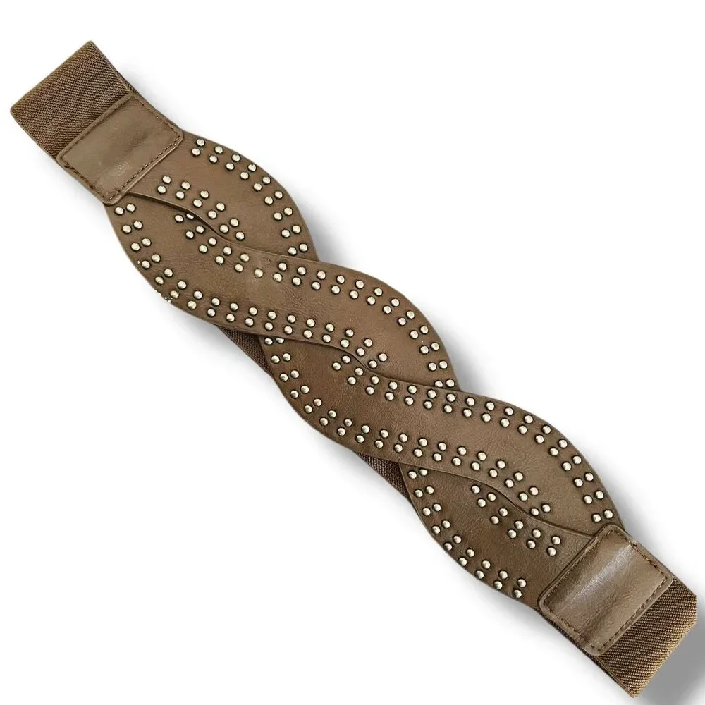 Women's Brown Vegan Faux Leather Studded Wide Braided Elastic Belt M/L 30”-32”